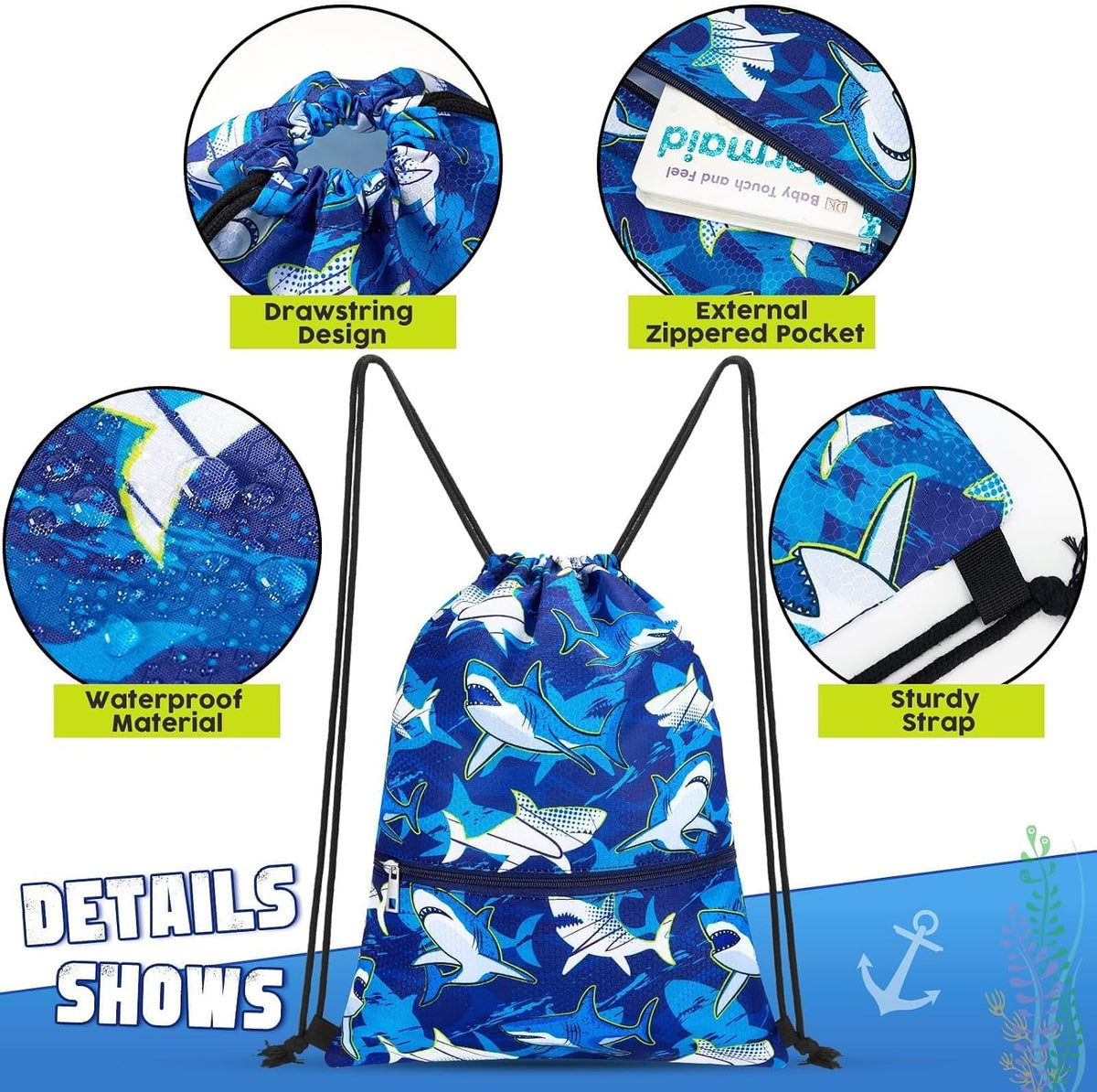 WAWSAM Kids Drawstring Backpack, Gym Swim Bag Cinch Bag for Girls Boys with Zipper Pocket