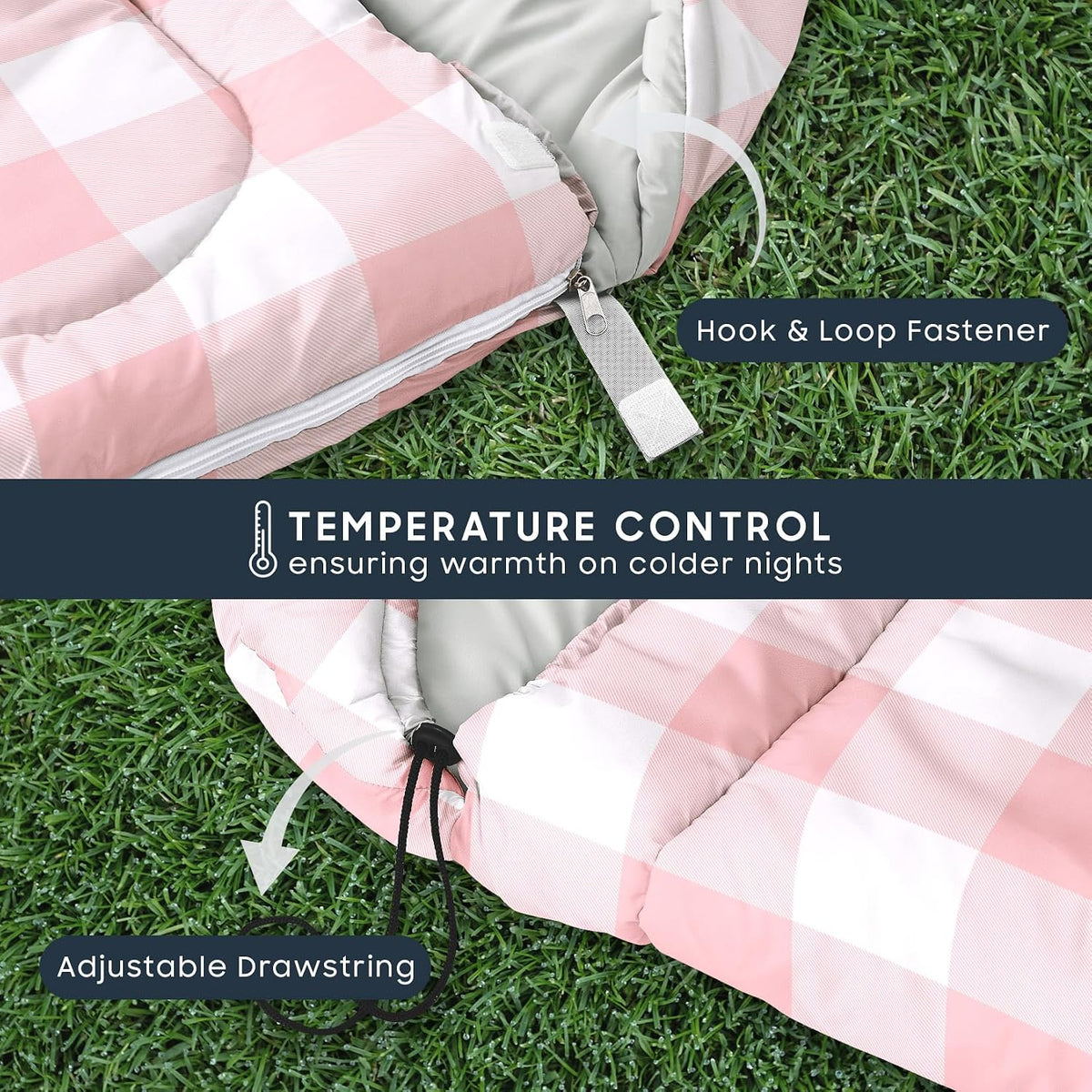 Wake In Cloud - Kids Sleeping Bag for Boys Girls Toddlers, Camping in Warm Cold Weather, Backpacking Lightweight Compact Outdoor Liner for 3 Seasons, Gingham Plaid