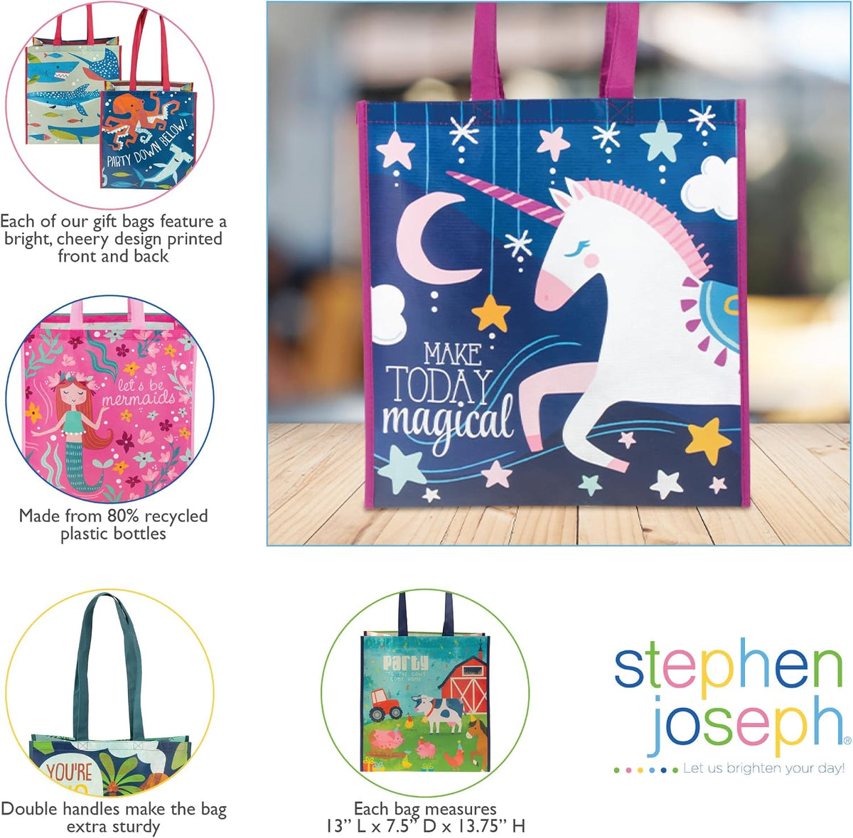 Stephen Joseph, Large Recycled Gift Bag with Handles, Kids, Reusable, Birthday Party Bag, Shopping
