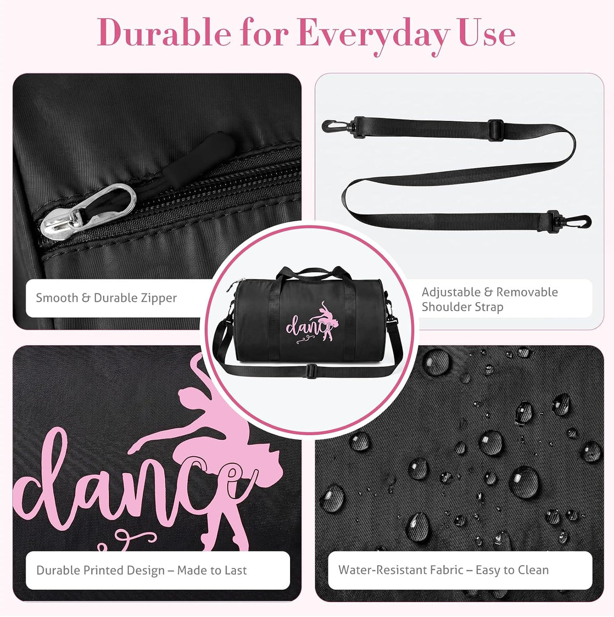 Small Dance Bag for Girls, 8L Lightweight Waterproof Duffle Ballet Bag with Shoulder Strap, Small Gymnastics Overnight Tote Bag for Ballet, Gym, Cheer, Travel - Black