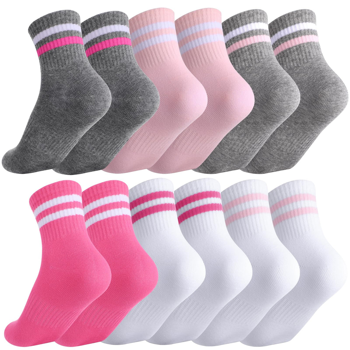 Jspupifip 6 Pairs Kids Girls Pink White Crew Athletic Socks Age 3-12 Years