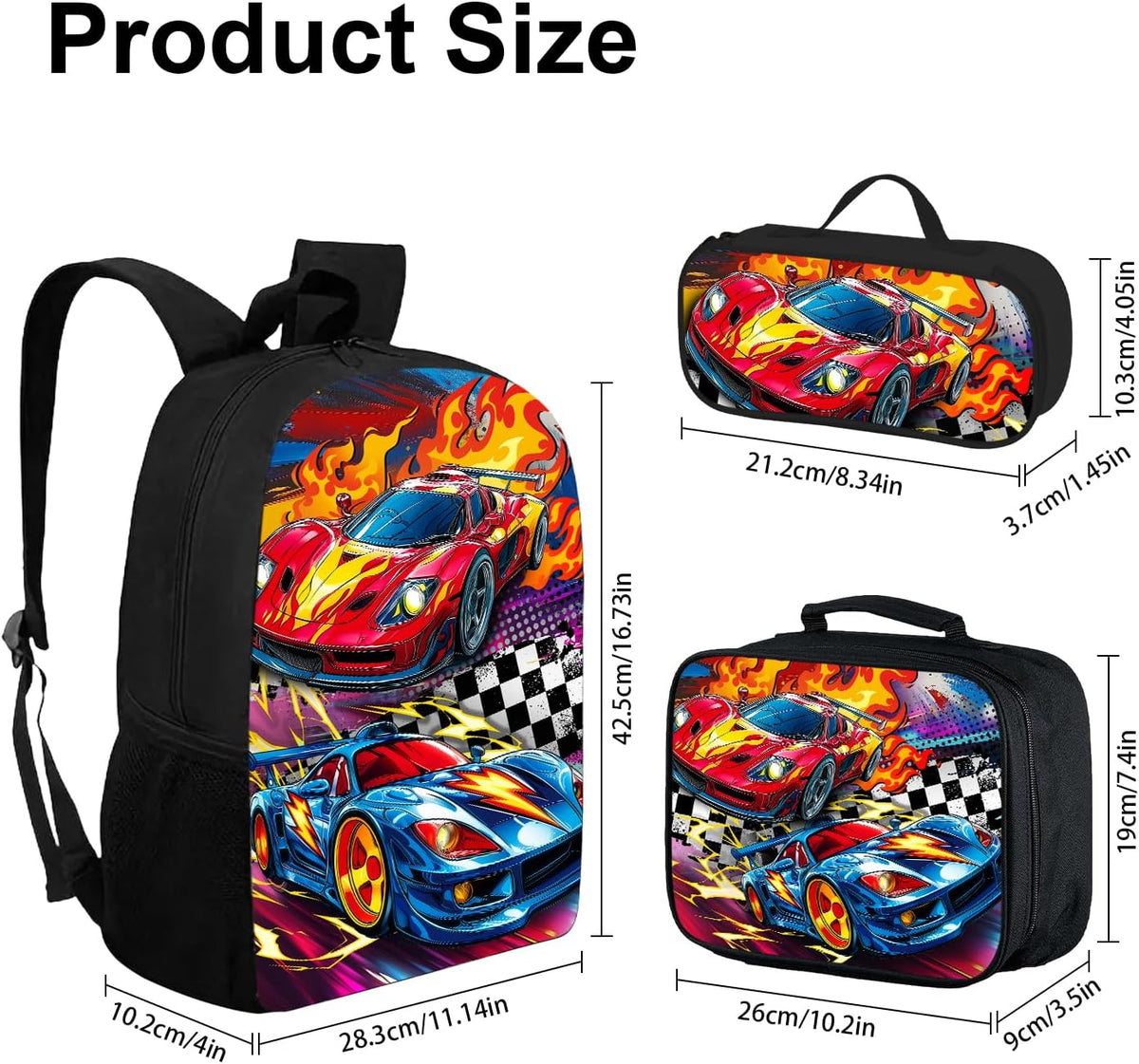 3PCS Car Backpack for Boys 17 Inch Kids Bookbag for School with Lunch Box and Pencil Case, Reusable School Backpacks Set for Kids Children Teens Elementary