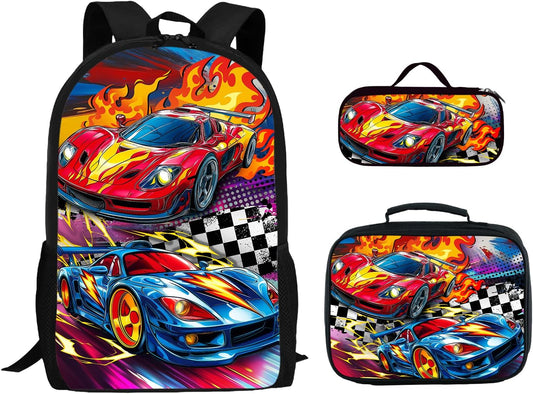 3PCS Car Backpack for Boys 17 Inch Kids Bookbag for School with Lunch Box and Pencil Case, Reusable School Backpacks Set for Kids Children Teens Elementary