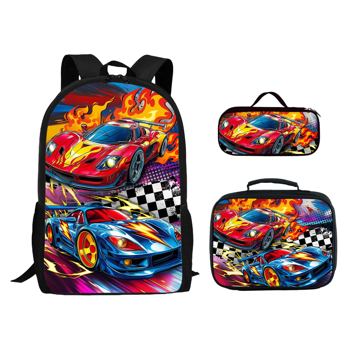 3PCS Car Backpack for Boys 17 Inch Kids Bookbag for School with Lunch Box and Pencil Case, Reusable School Backpacks Set for Kids Children Teens Elementary