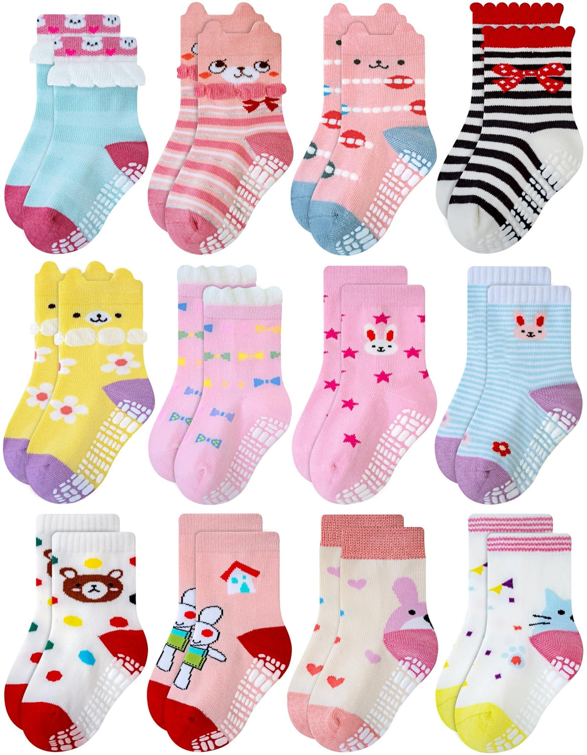RATIVE Baby Girl Non Slip Grip Socks 12-Pack Soft Cotton Toddler Girl Socks