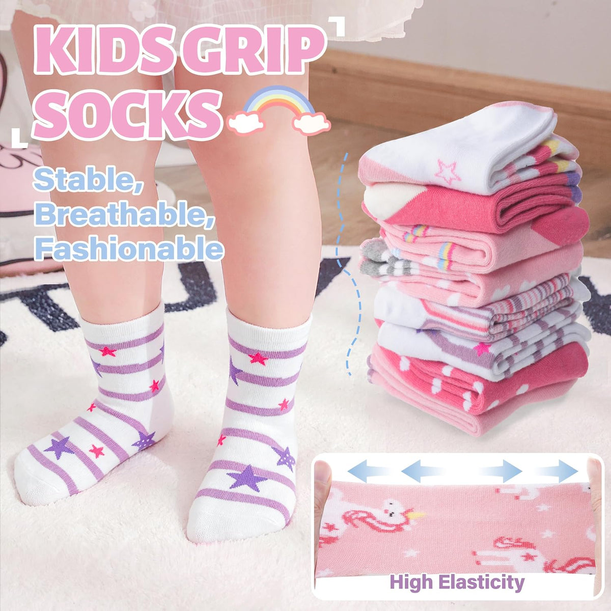 ANTSANG Baby Girls Toddlers Grips Socks, Kids Unicorn Crew Cotton Socks