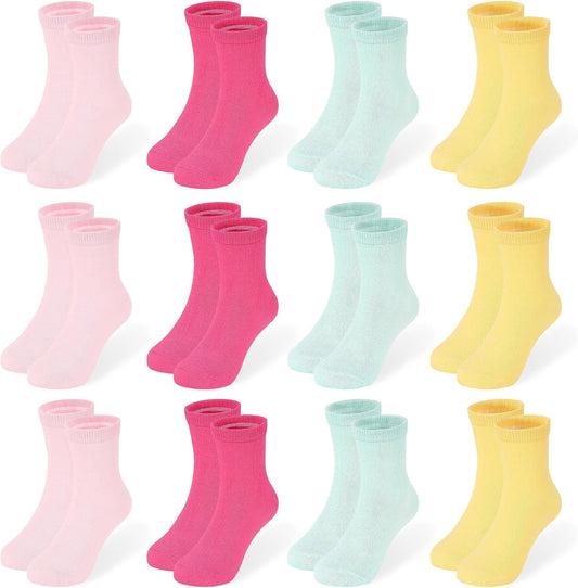 12 Pairs Girls Crew Socks, Colorful School Socks Ages 1-14