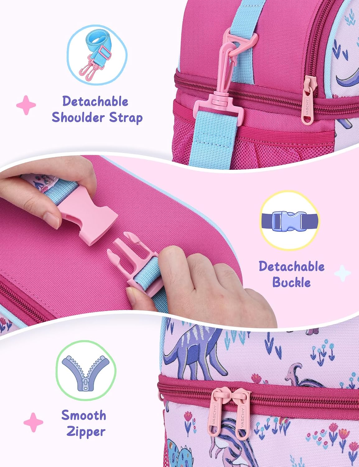 VASCHY Lunch Box Bag for Kids, Insulated Lightweight Lunch Box Tote for Toddler Girls School Daycare Kindergarten Pink Dino Print