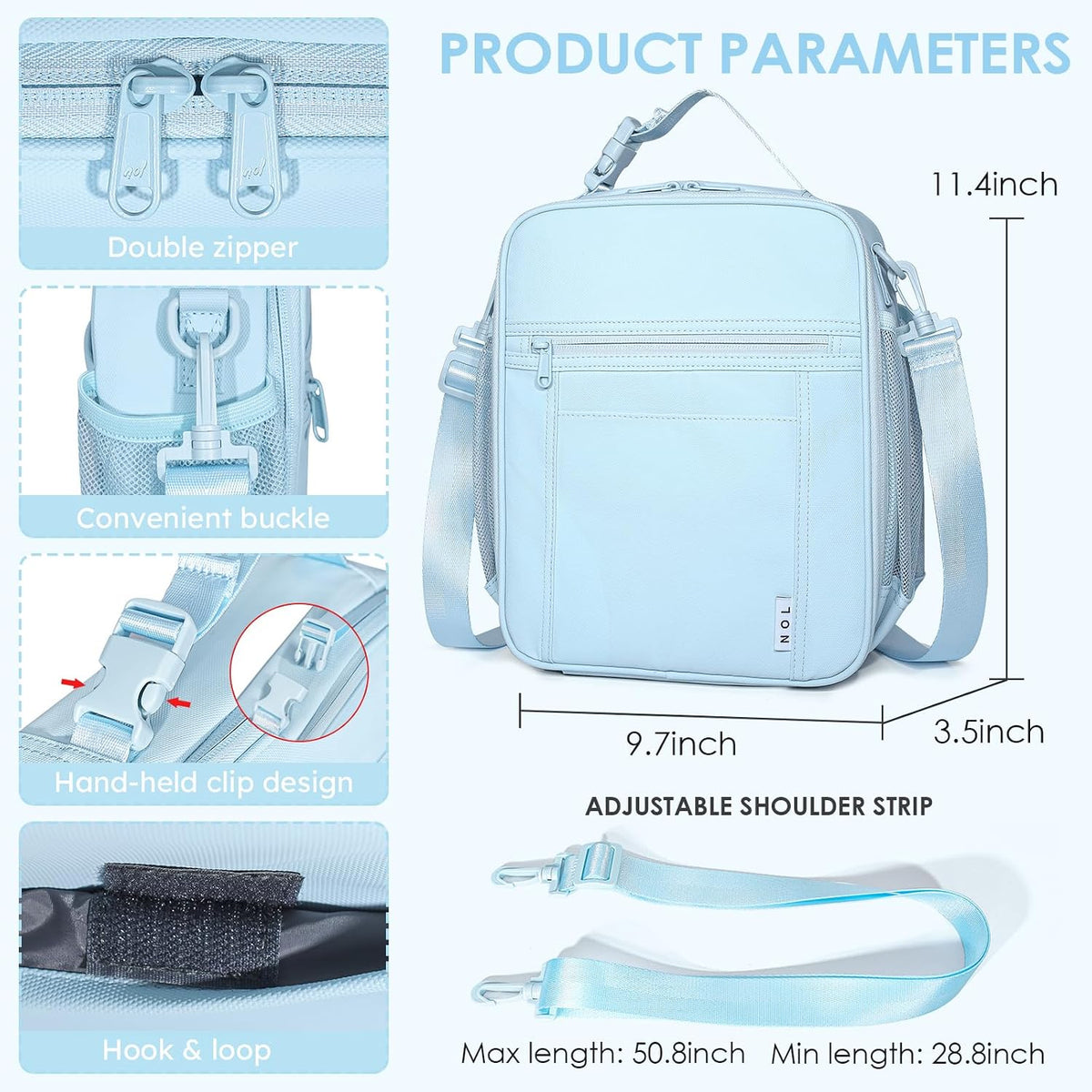 NOL Lunch Bag for Children Adult Insulated Lunch box Waterproof Cooler Reusable Zip Closure with Buckle Handle Holds for Snacks & Water Bottle School Work, Light blue