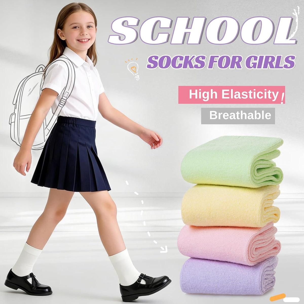 Eocom Girls Socks Little Kids Crew Socks Cotton Cute Youth Dress Socks 6 Pairs
