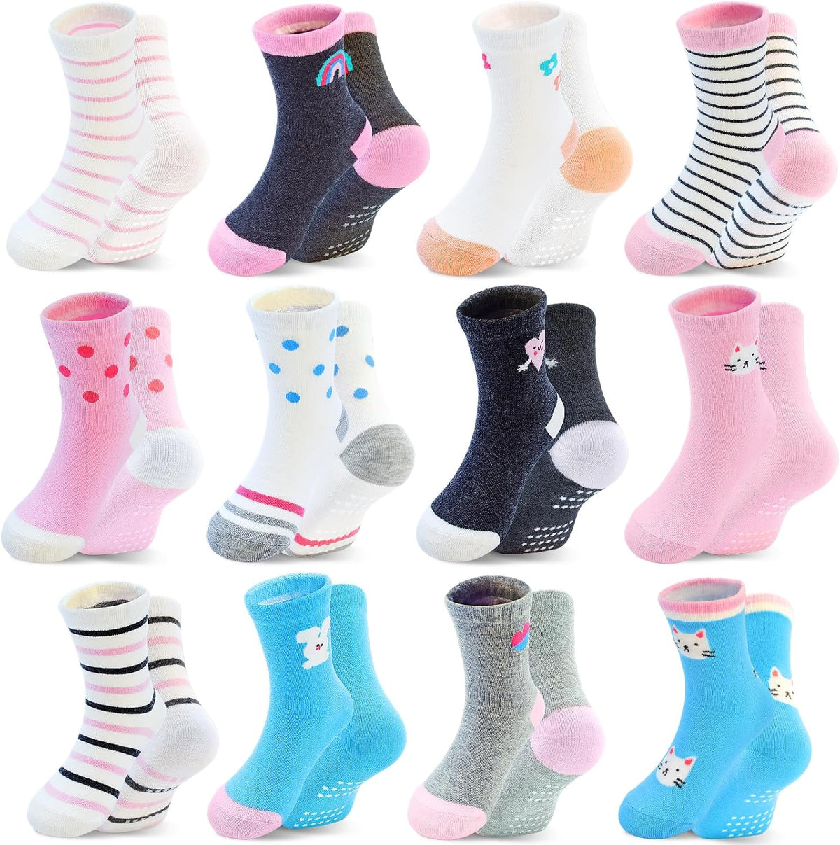 HYCLES 12 Pairs Toddler Socks, Non-Slip Cartoon Crew Grip Socks, 0-7 Years