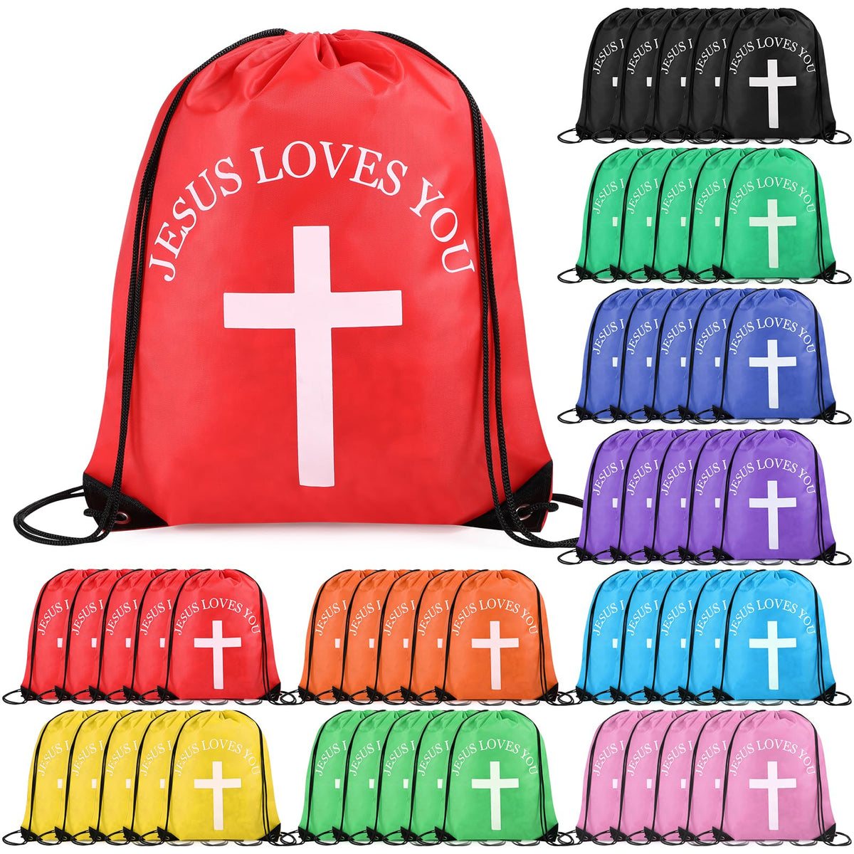 20 Pcs Large Jesus Loves You Drawstring Bags Bulk Multicolor