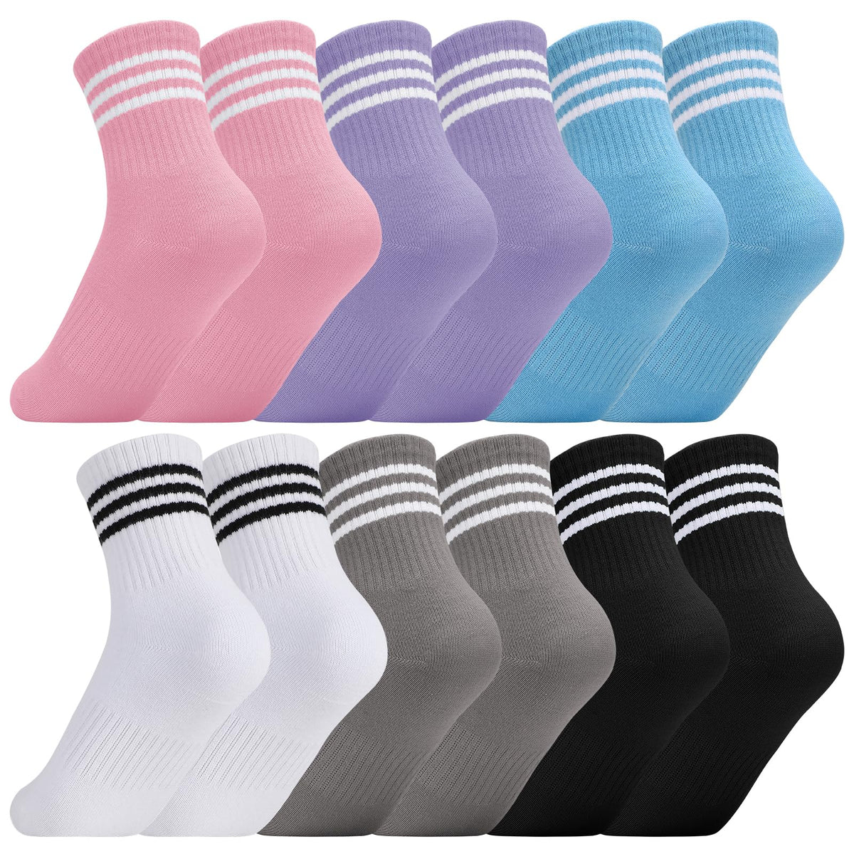 Jspupifip 6 Pairs Kids Girls Pink White Crew Athletic Socks Age 3-12 Years