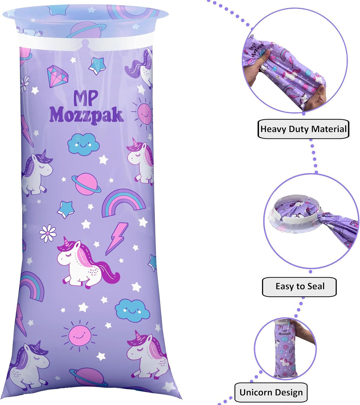 MP MOZZPAK Unicorn Kids Vomit Bags Disposable 15 Pack - Emesis Bags, Leak-Proof Barf Bag, Motion Sickness Relief for Children, Travel Friendly Puke Bag, Throw up Solution for Car, Plane, & Road Trips