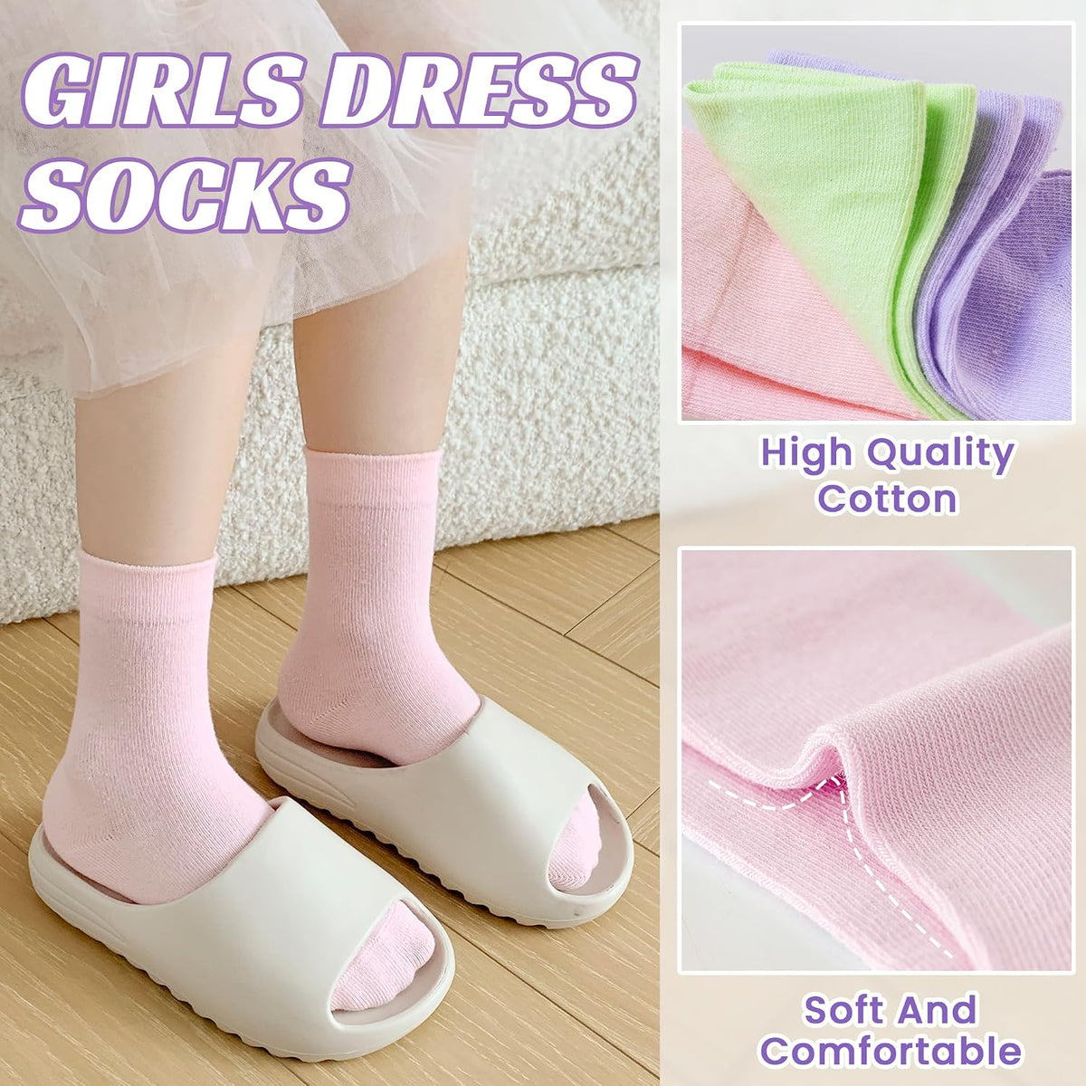 Eocom Girls Socks Little Kids Crew Socks Cotton Cute Youth Dress Socks 6 Pairs