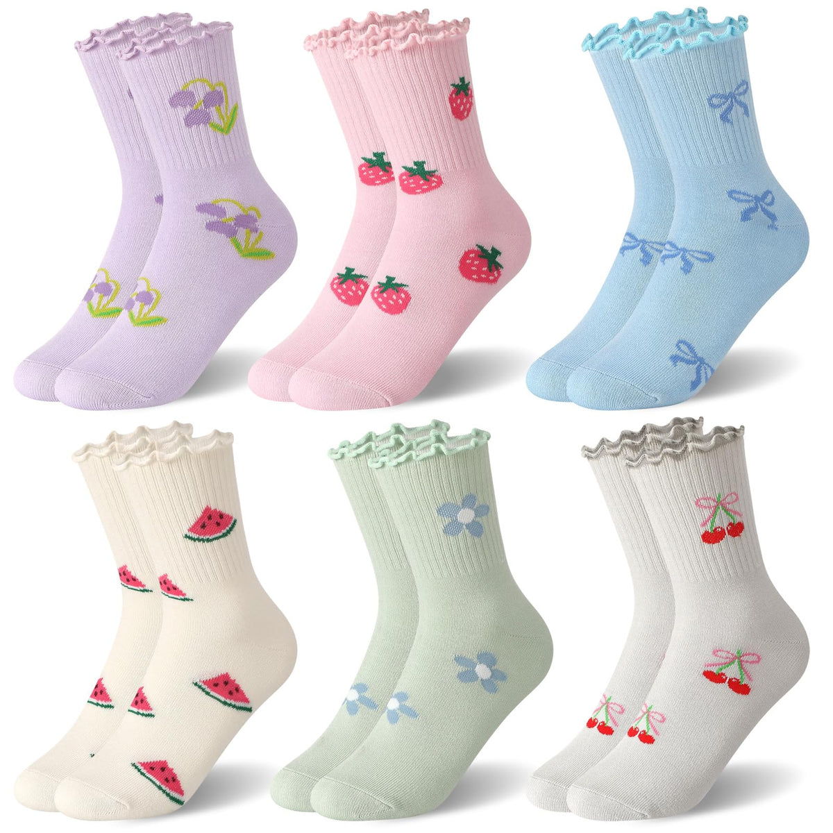 6 Pairs Girls Ruffle Crew Socks Cute Cotton Frilly Socks