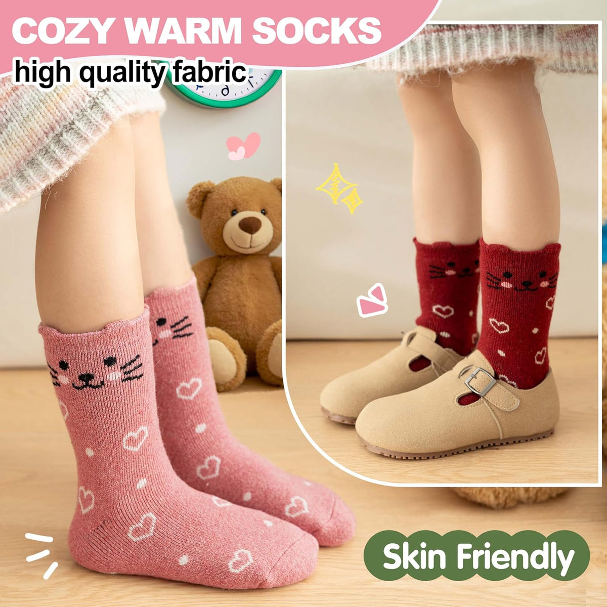 Kids Girls Toddlers Merino Wool Cat Socks Thermal Winter Warm Thick Cozy Cute Funny Crew Socks 6 Pairs