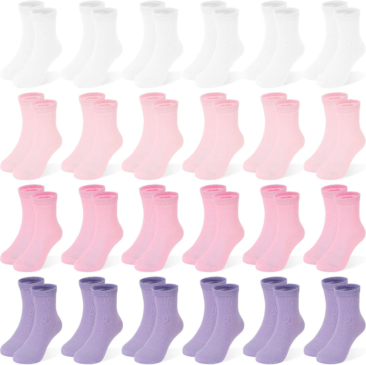 24 Pairs Girls Solid Crew Socks, Kids School Uniform Athletic Socks Ages 1-14
