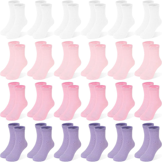 24 Pairs Girls Solid Crew Socks, Kids School Uniform Athletic Socks Ages 1-14