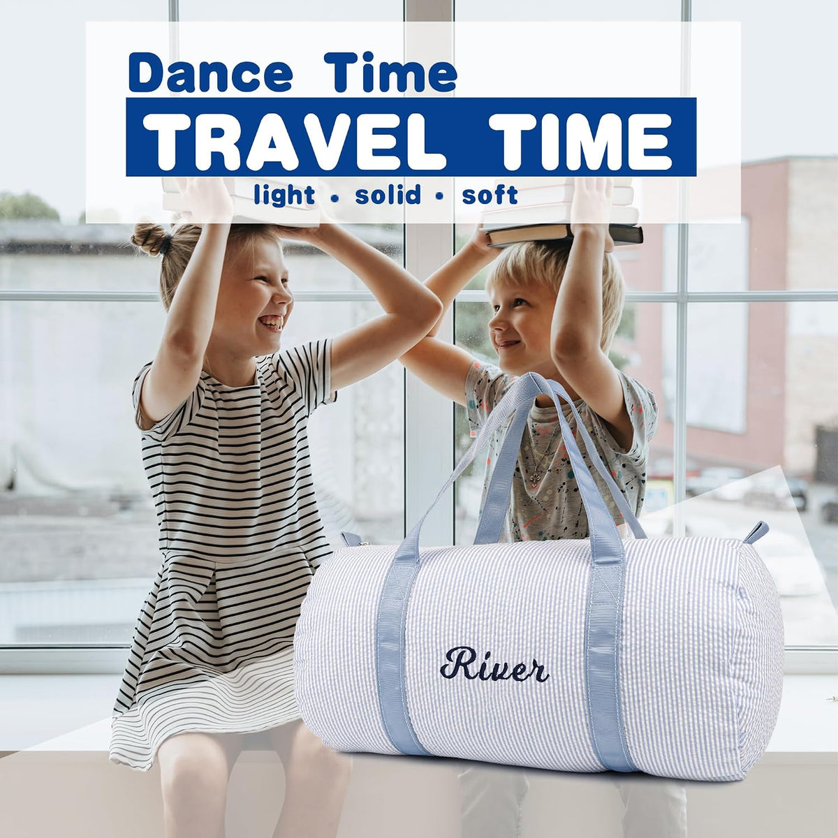 MT WORLD Personalized Duffle Bag for Kid Seersucker Cloth Overnight Duffel Bag with Name Toddler Travel Bag Custom Weekender Bag Child Small Sports Gym Ballet Dance bag Little Girls Boys (Light Blue)
