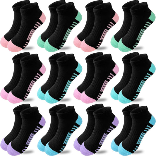Bemeol Girls Socks 12 Pairs Ankle Socks Girls Athletic Cotton Sports Low Cut Sock for Little Big Kids