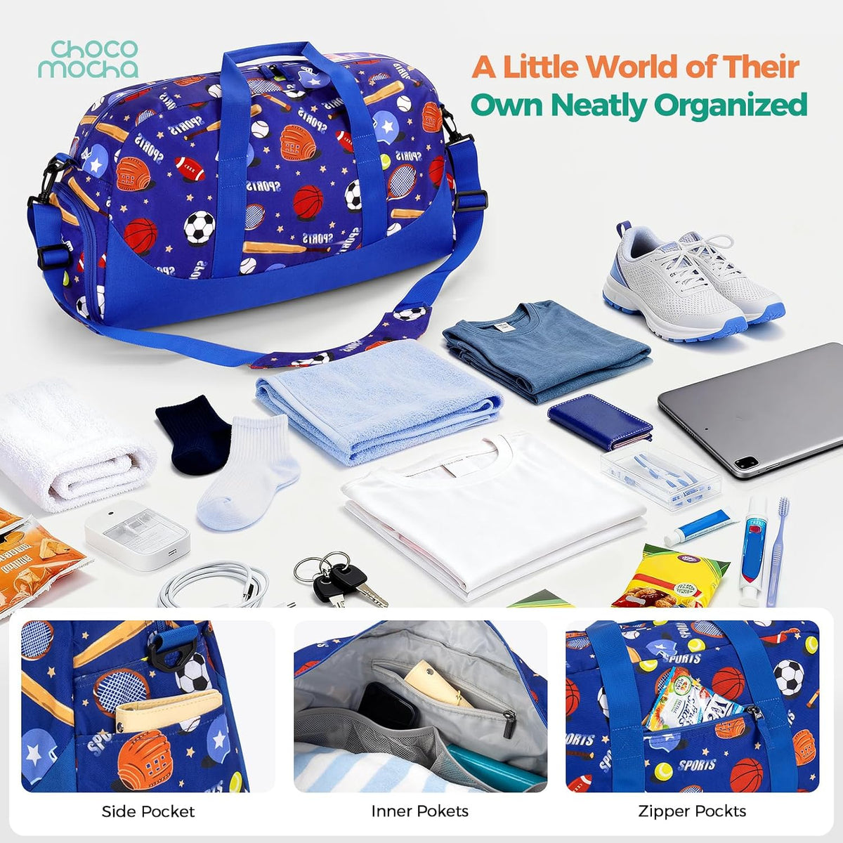 Choco Mocha Kids Duffle Bag, Boys Basketball Overnight Travel Bags for Weekender Kid with Shoes Compartment, Large Sleepover Bag for Gym Blue