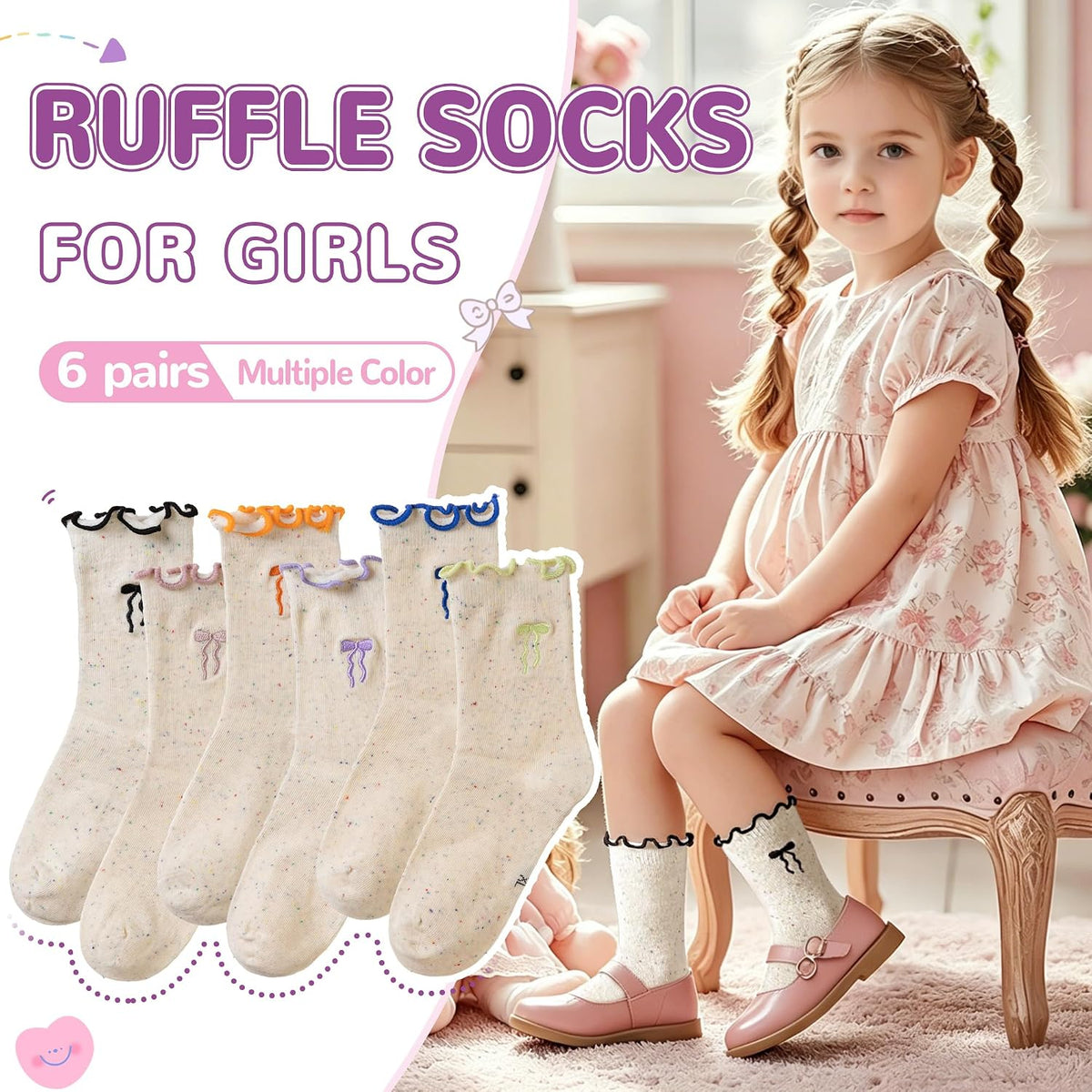 SeeyAN Girls Ruffle Socks Frilly Kids Crew Dress Cotton Soft Cute Toddler Socks 6 Pairs
