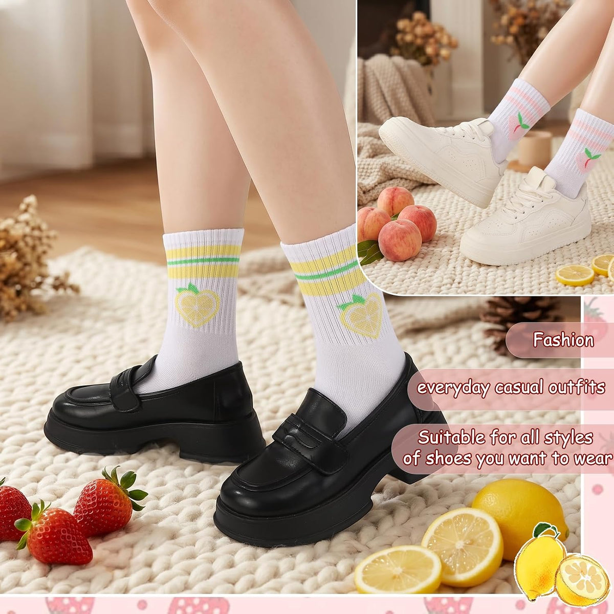 6 Pairs Girls Athletic Cotton Socks Fruits Heart Crew Socks