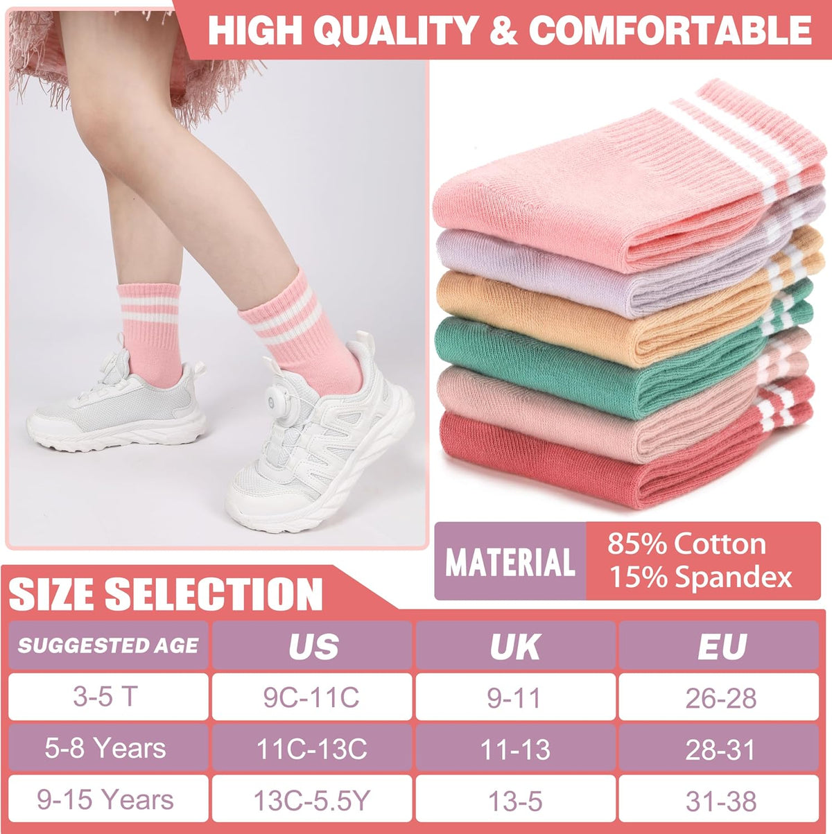 Kids Girls Athletic Sport Socks Basketball Outdoor Cotton Crew Breathable Socks 6 Pairs
