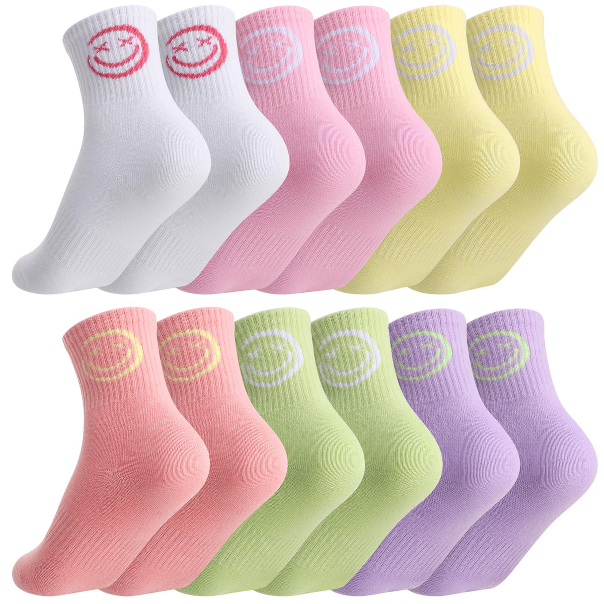 Jspupifip 6 Pairs Kids Girls Pink White Crew Athletic Socks Age 3-12 Years