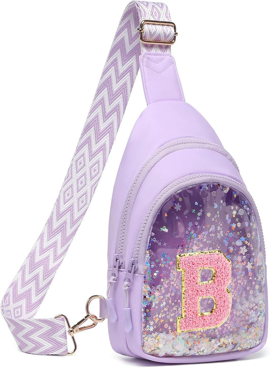 I IHAYNER Clear Initial Sling Bag for Gilrs Crossbody Bag Waist Pack Personalized Gifts for 4 5 6 7 8 9 10 11 12 13 Year Old Girls Purse for Birthday Thanksgiving Gifts for Daughter Sister Purple-B