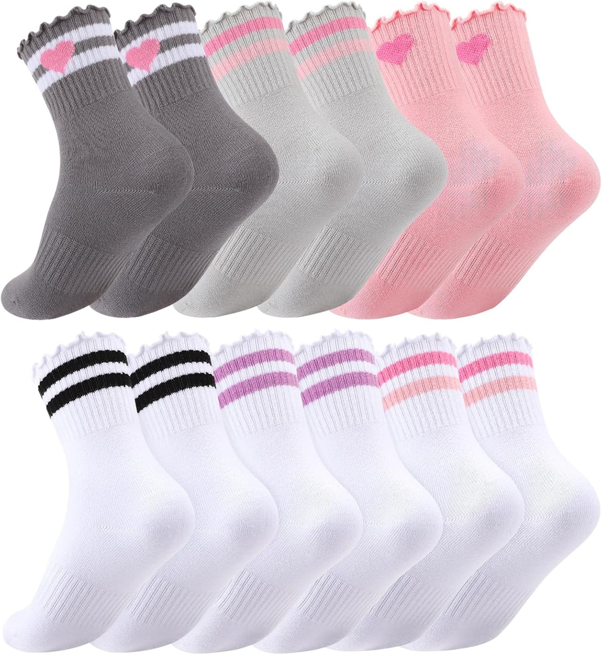 Kids Girls Crew Socks Cotton Athletic Socks with Stripe Hearts