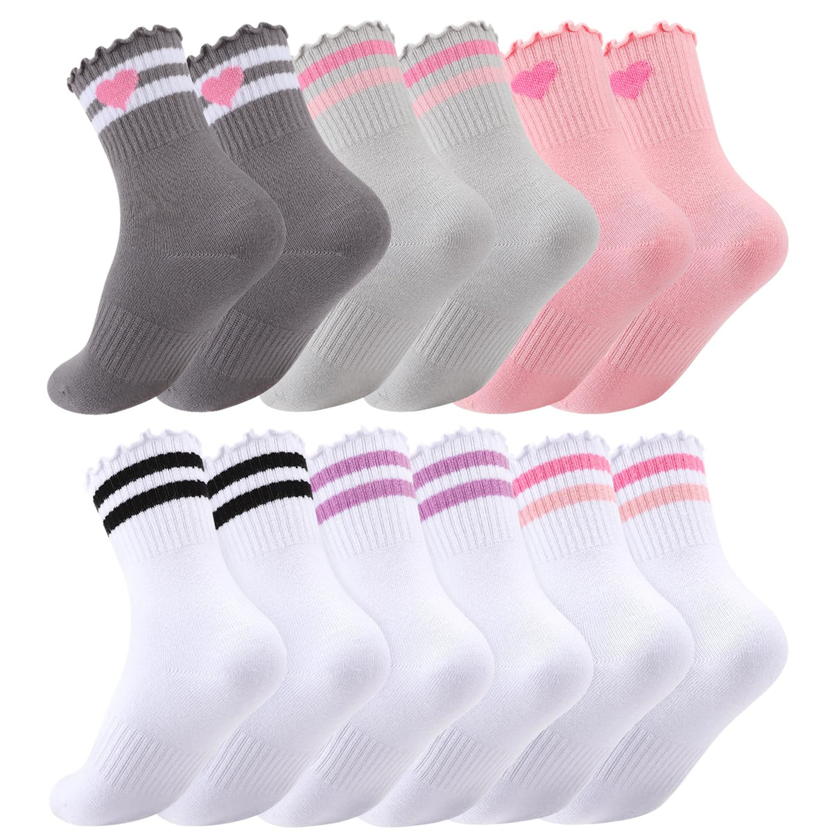 Kids Girls Crew Socks Cotton Athletic Socks with Stripe Hearts
