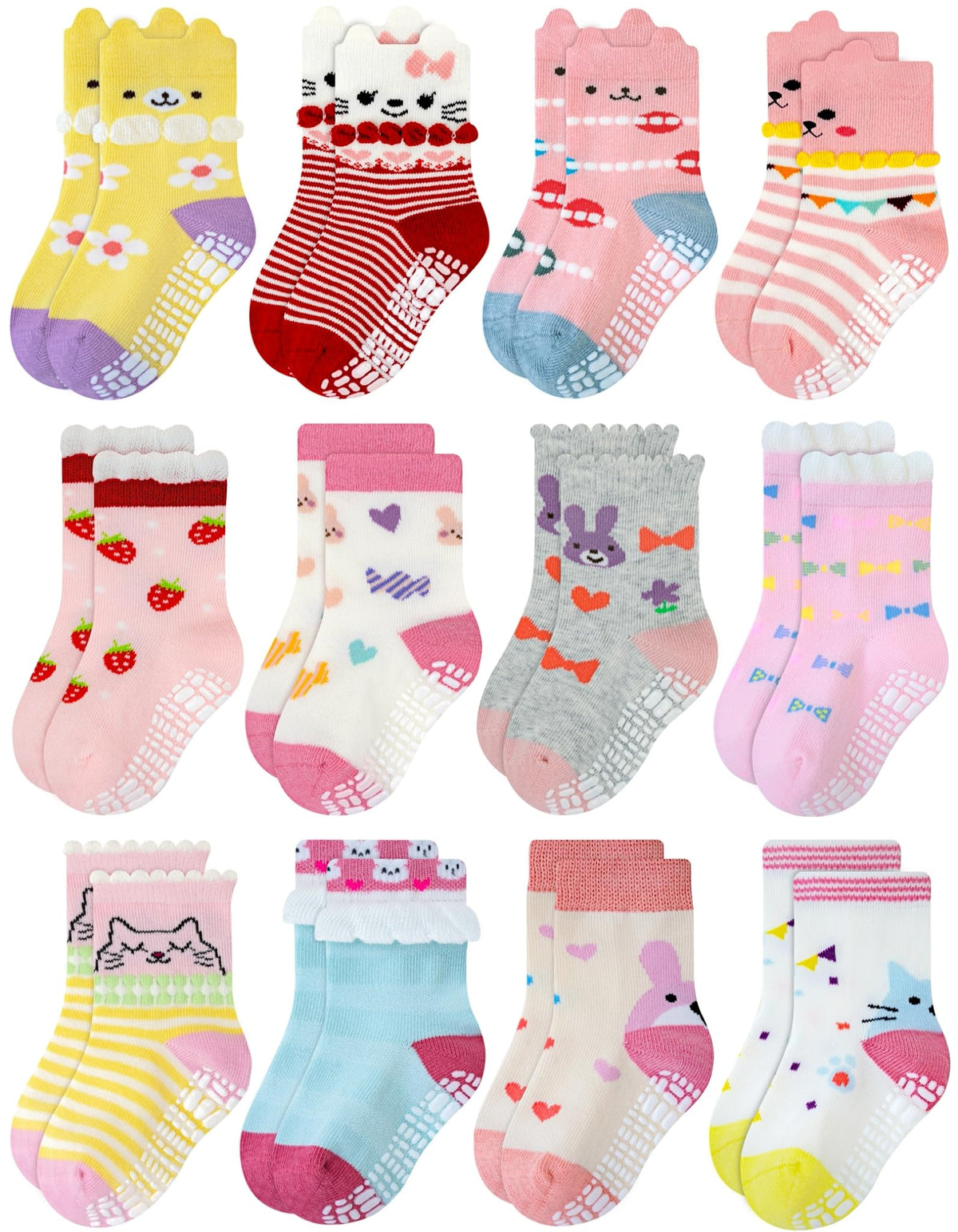 RATIVE Baby Girl Non Slip Grip Socks 12-Pack Soft Cotton Toddler Girl Socks