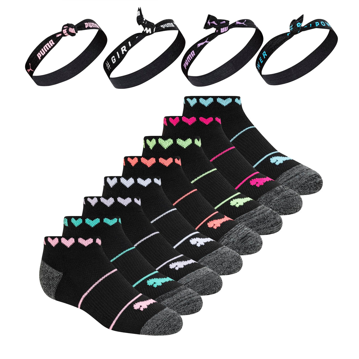PUMA Girls' Girls' 8 Pack Low Cut Socks + 4 Pack Hair Ties