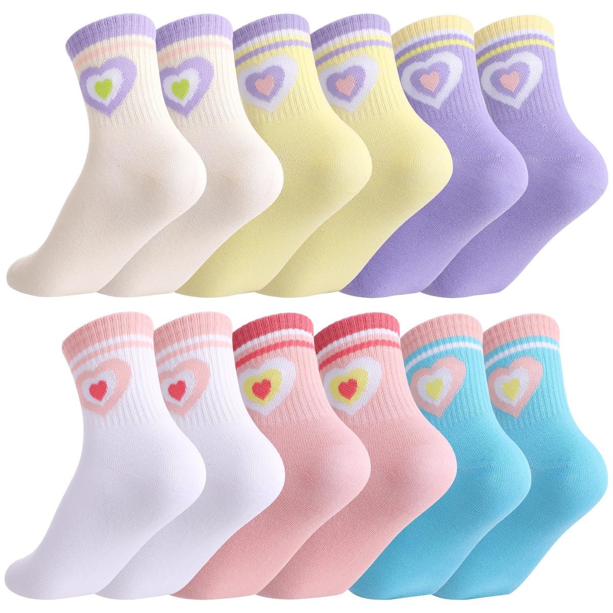 Jspupifip 6 Pairs Kids Girls Pink White Crew Athletic Socks Age 3-12 Years