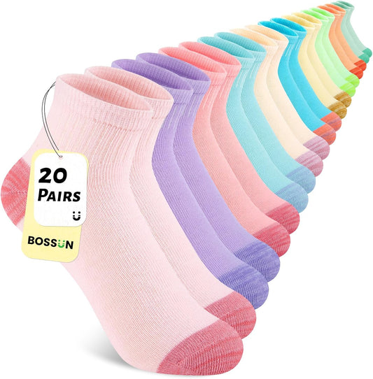 20 Pairs Girls Ankle Socks, 4-7/7-10/10-12 Years Old, Color&White Socks for Kids, Comfortable Little Girls Sock