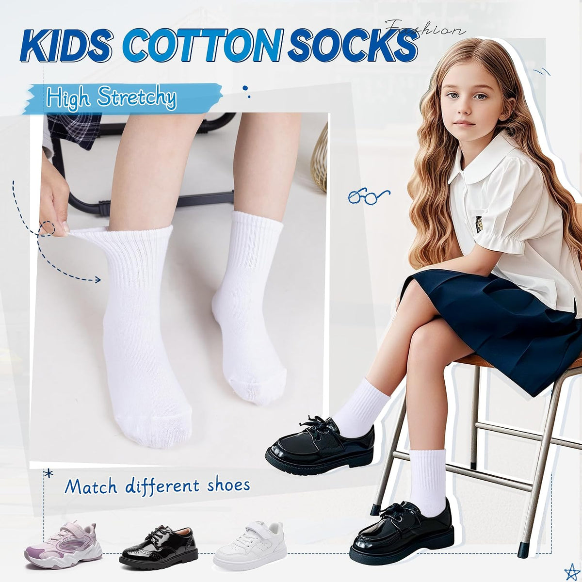 Eyean Kids Athletic Crew Socks Boys Girls Cotton School Uniform Casual Basic Socks 6 Pairs