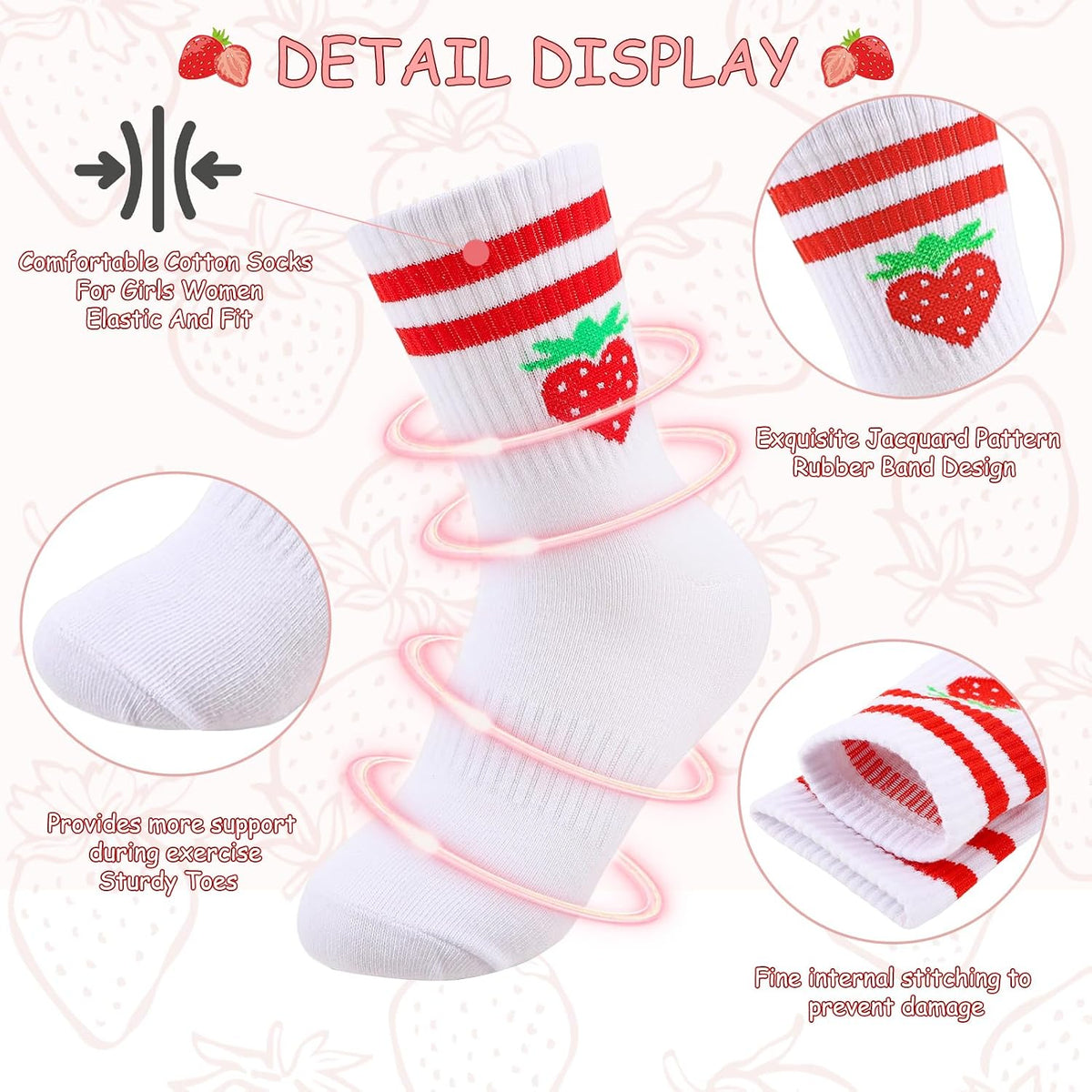 6 Pairs Girls Athletic Cotton Socks Fruits Heart Crew Socks