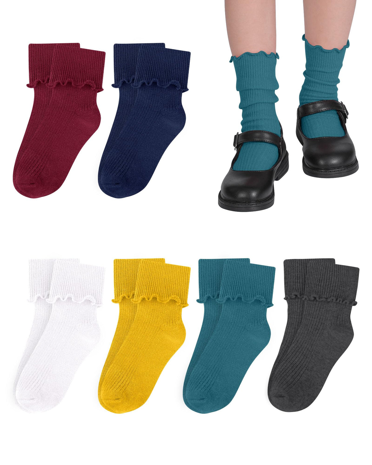 Witwot Ruffle Socks for Girls Kids Toddler Turn Cuff Dress School Uniform Sock
