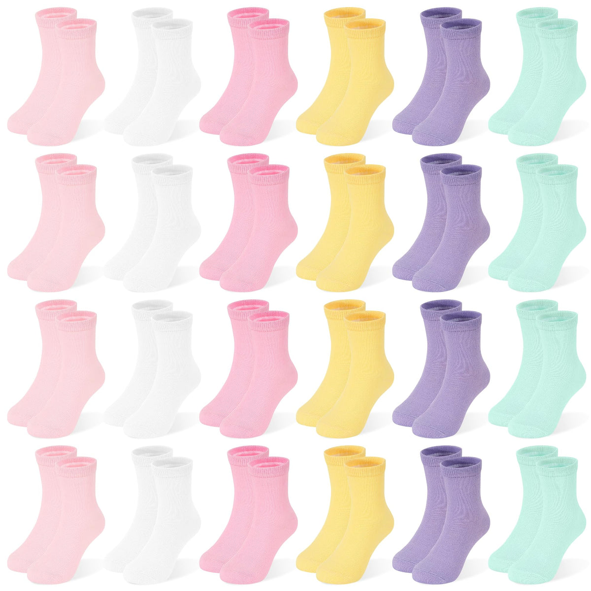 24 Pairs Girls Solid Crew Socks, Kids School Uniform Athletic Socks Ages 1-14