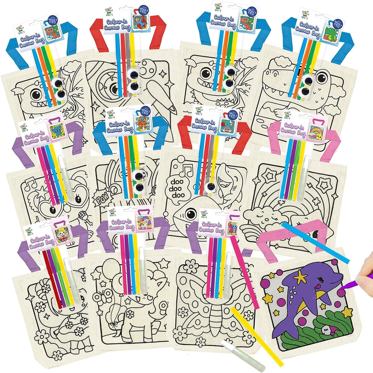 12 Pieces Kids Coloring Goodie Bags, Reusable Canvas Bag, Cute Art Party Favors, Color Your Own Bags for DIY Painting Birthday Carnival Celebration, Party Supplies Gift, Girls and Boys