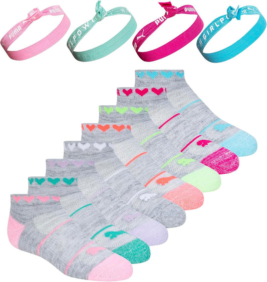 PUMA Girls' Girls' 8 Pack Low Cut Socks + 4 Pack Hair Ties