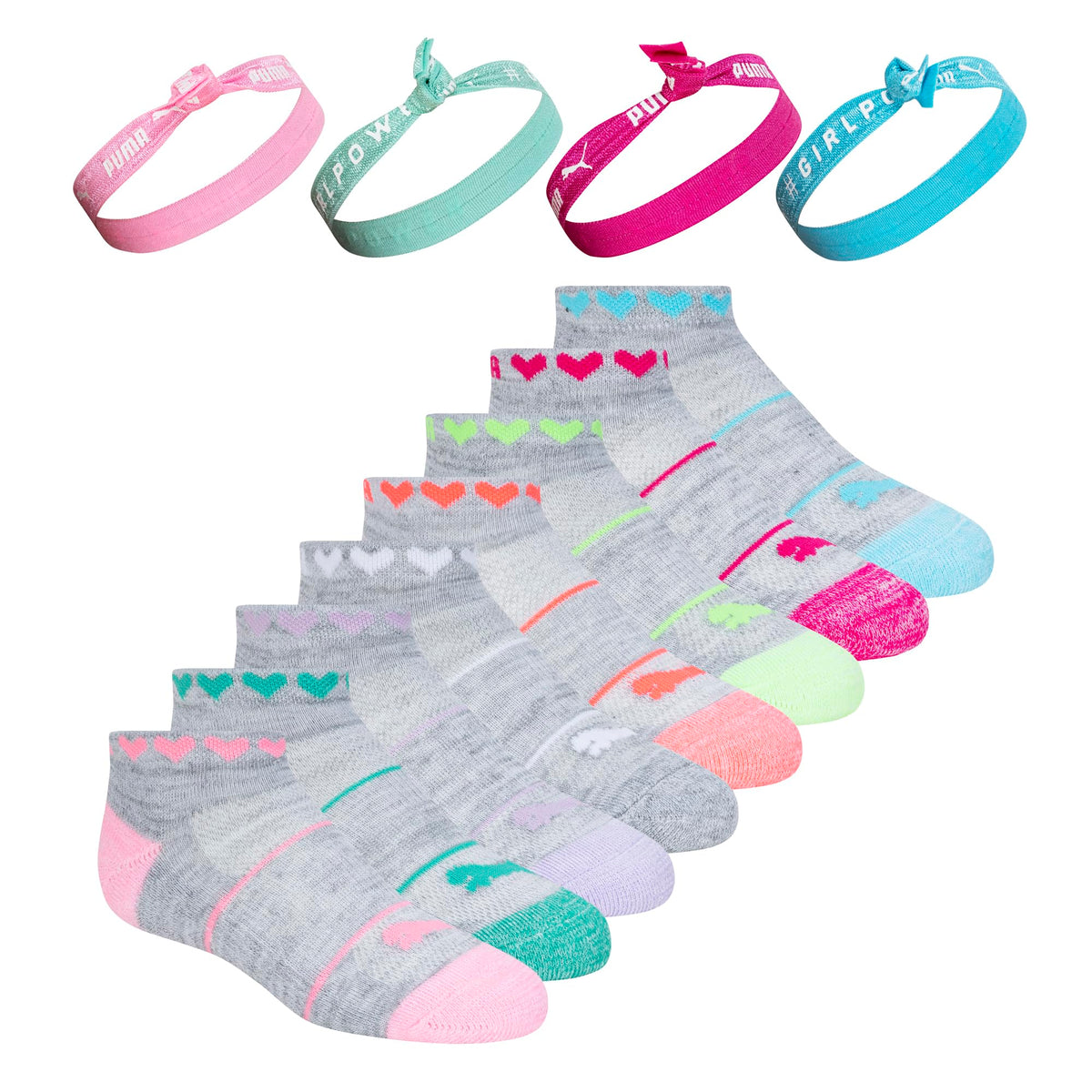 PUMA Girls' Girls' 8 Pack Low Cut Socks + 4 Pack Hair Ties