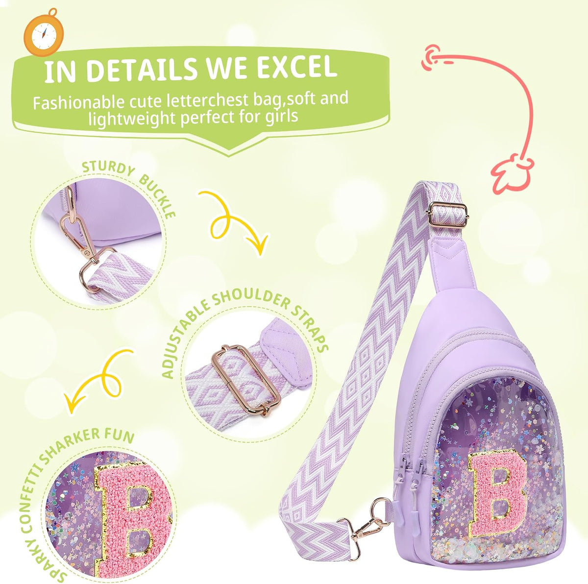 I IHAYNER Clear Initial Sling Bag for Gilrs Crossbody Bag Waist Pack Personalized Gifts for 4 5 6 7 8 9 10 11 12 13 Year Old Girls Purse for Birthday Thanksgiving Gifts for Daughter Sister Purple-B