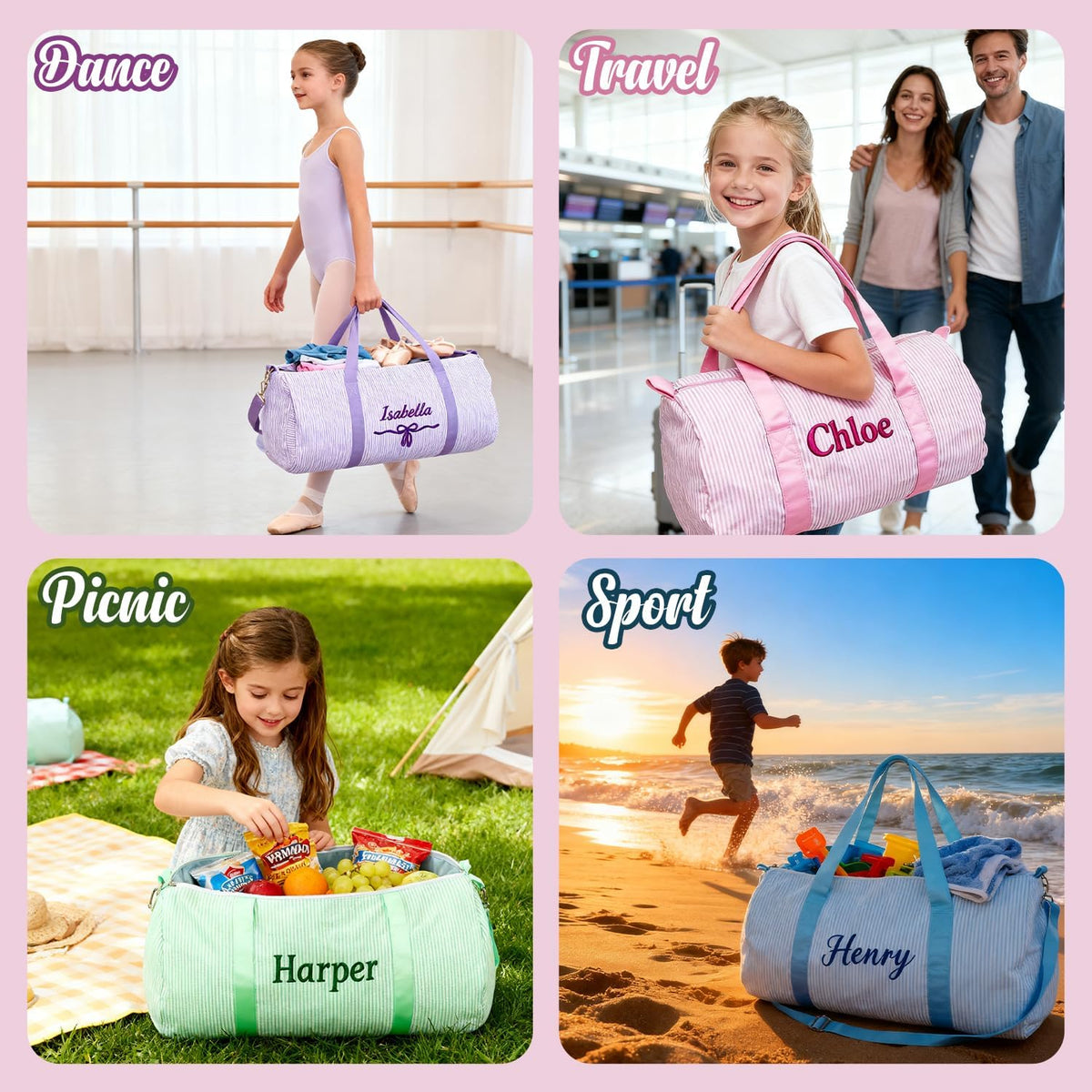 Personalized Toddler Dance Bag with Name for Girls&Boys,Seersucker Embroidered Duffel Bag,18 Inch,Multi-Functional Travel & Dance Bag with Handles for Little Girls Ballet,Weekend Travel, Gym,Camping