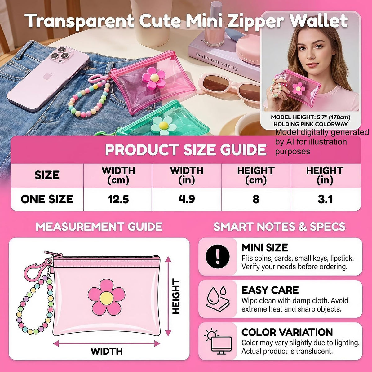 4 Pcs Transparent Cute Mini Zipper Wallet with Beaded Wrist