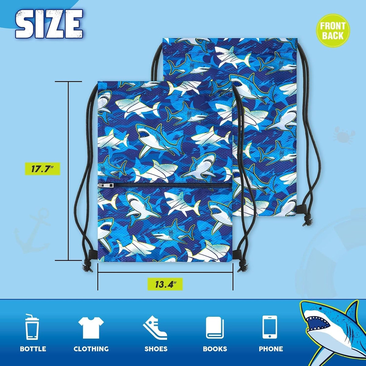 WAWSAM Kids Drawstring Backpack, Gym Swim Bag Cinch Bag for Girls Boys with Zipper Pocket