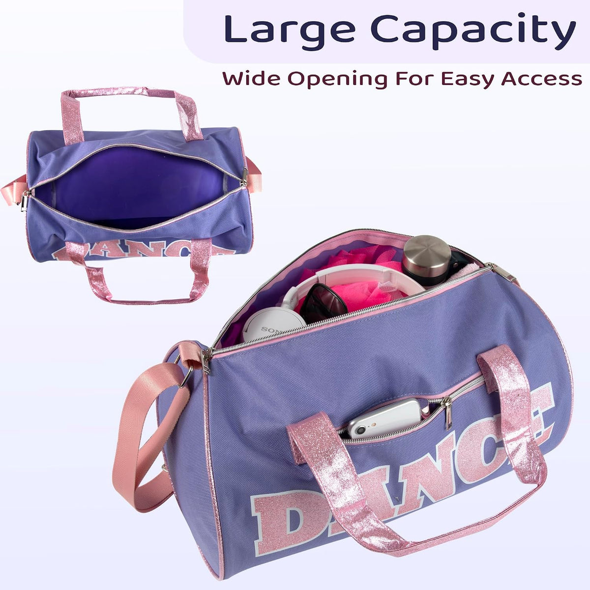 Dance Duffle Bags for Dancers, Girls, Teens, and Student Athletes, Fun Dance Workout Duffel Bag for Girls and Boys (Purple/Pink)