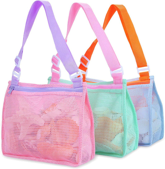 Tagitary Beach Toy Mesh Beach Bag Kids Shell Collecting Bag Beach Sand Toy Seashell Bags Swimming Accessories for Boys and Girls(Only Bags,A Set of 3)